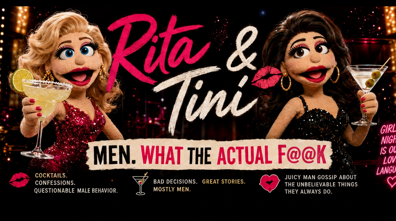 Rita and Tini holding cocktails on a neon nightclub stage